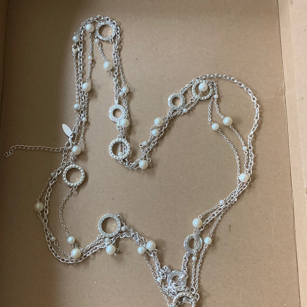 Costume silver, pearl, and crystal trio necklace.